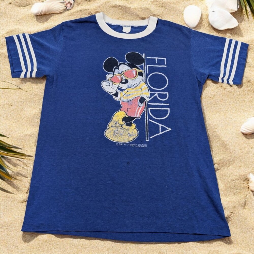 Vintage 70s Mickey Mouse Ringer Florida Tee Shirt Disney - M/L